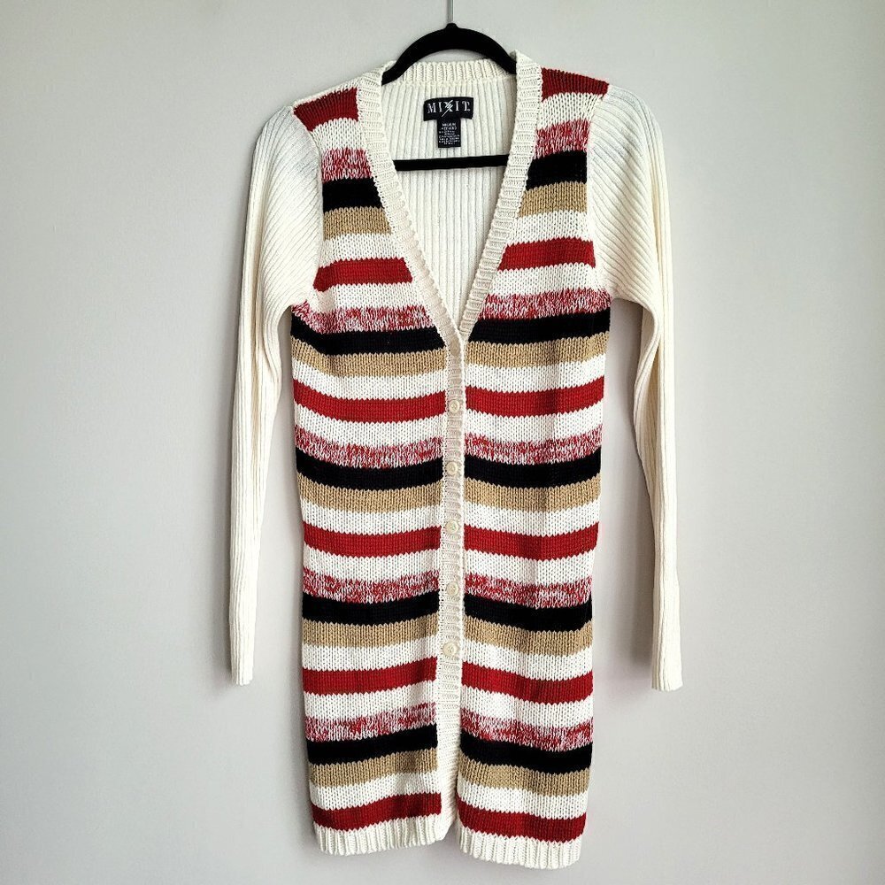 Mixit Ivory Ribbed Back Grandma Vintage Black Red Tan Striped Cardigan